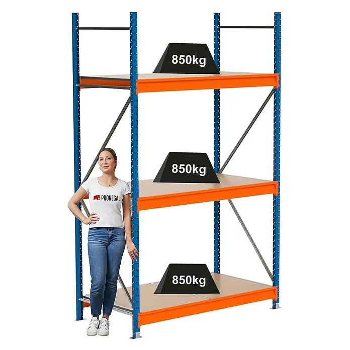 Proregal Schwerlastregal Industrie Weitspannregal MAXIMUS Pro - H x B x T: 250 x 160 x 80 cm, Traglast pro Boden: 850 kg, Anzahl Böden: 3 Stk., Stecken, Blau/Orange