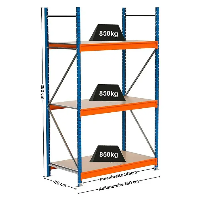 Proregal Schwerlastregal Industrie Weitspannregal MAXIMUS Pro - H x B x T: 250 x 160 x 80 cm, Traglast pro Boden: 850 kg, Anzahl Böden: 3 Stk., Stecken, Blau/Orange