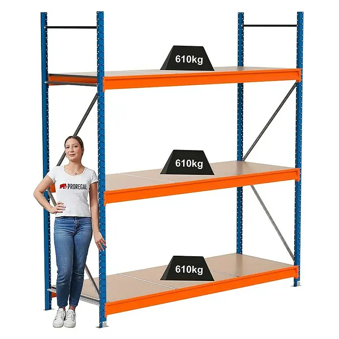 Proregal Schwerlastregal Industrie Weitspannregal MAXIMUS Pro - H x B x T: 250 x 235 x 80 cm, Traglast pro Boden: 610 kg, Anzahl Böden: 3 Stk., Stecken, Blau/Orange