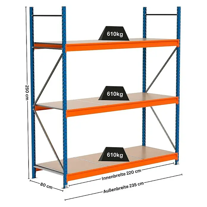 Proregal Schwerlastregal Industrie Weitspannregal MAXIMUS Pro - H x B x T: 250 x 235 x 80 cm, Traglast pro Boden: 610 kg, Anzahl Böden: 3 Stk., Stecken, Blau/Orange