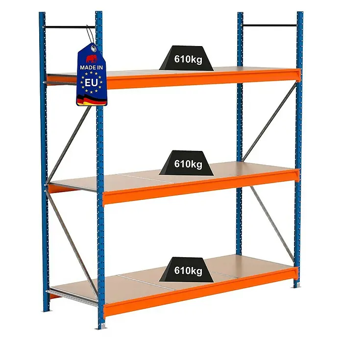 Proregal Schwerlastregal Industrie Weitspannregal MAXIMUS Pro - H x B x T: 250 x 235 x 80 cm, Traglast pro Boden: 610 kg, Anzahl Böden: 3 Stk., Stecken, Blau/Orange