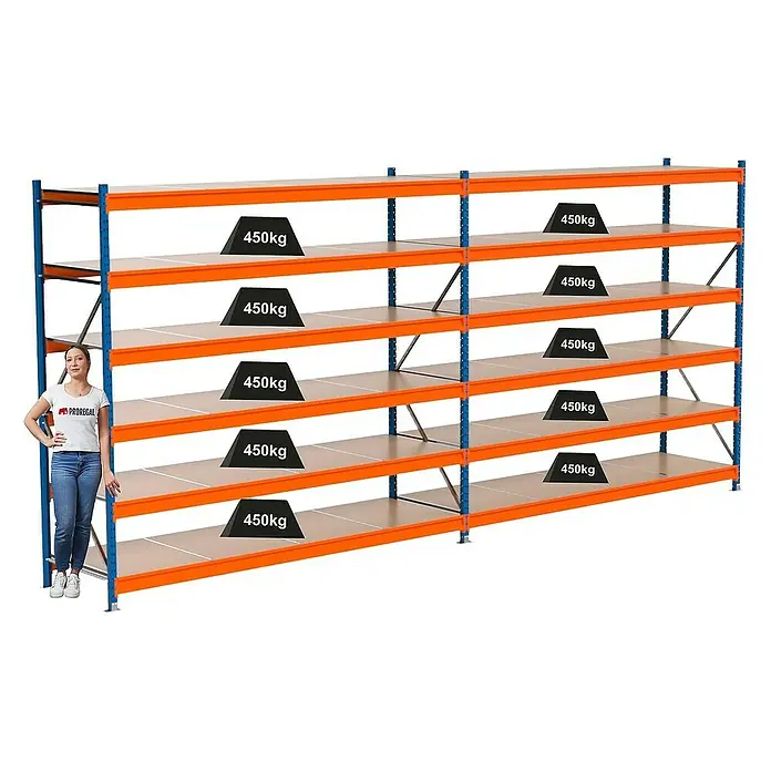 Proregal Schwerlastregal Industrie Weitspannregal MAXIMUS Pro - H x B x T: 250 x 560 x 80 cm, Traglast pro Boden: 450 kg, Anzahl Böden: 6 Stk., Stecken, Blau/Orange