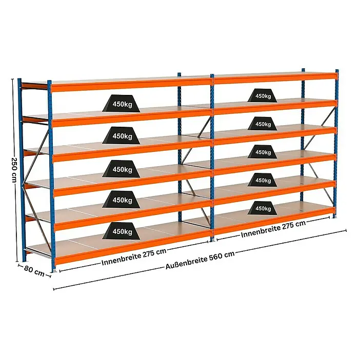 Proregal Schwerlastregal Industrie Weitspannregal MAXIMUS Pro - H x B x T: 250 x 560 x 80 cm, Traglast pro Boden: 450 kg, Anzahl Böden: 6 Stk., Stecken, Blau/Orange