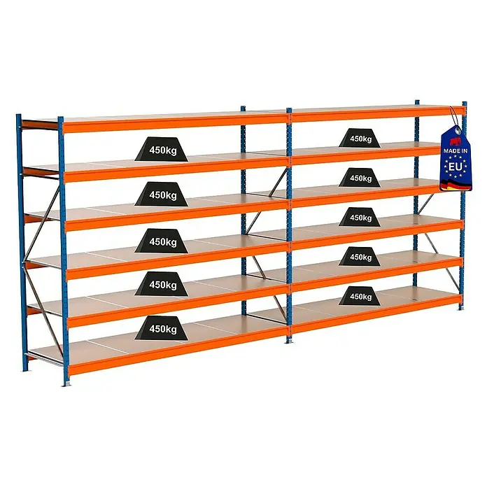 Proregal Schwerlastregal Industrie Weitspannregal MAXIMUS Pro - H x B x T: 250 x 560 x 80 cm, Traglast pro Boden: 450 kg, Anzahl Böden: 6 Stk., Stecken, Blau/Orange