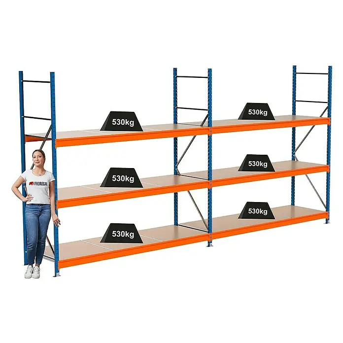 Proregal Schwerlastregal Industrie Weitspannregal MAXIMUS Pro - H x B x T: 250 x 510 x 80 cm, Traglast pro Boden: 530 kg, Anzahl Böden: 3 Stk., Stecken, Blau/Orange
