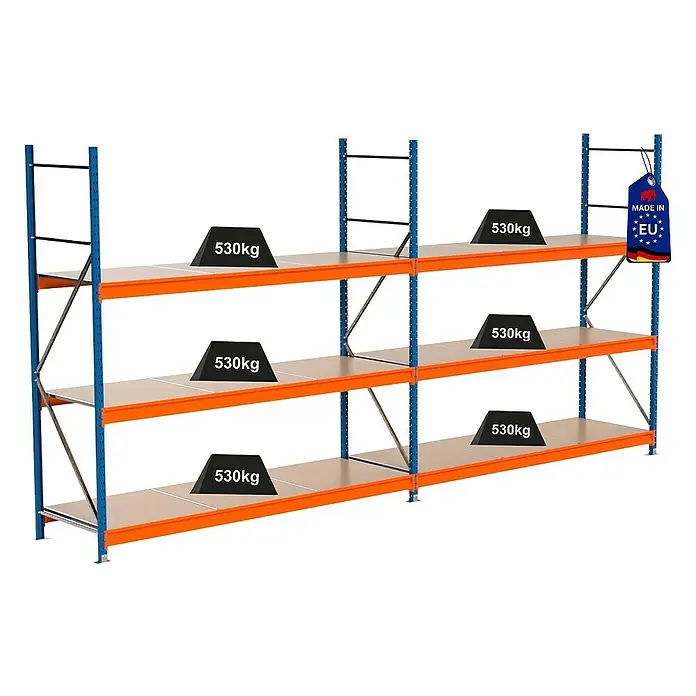 Proregal Schwerlastregal Industrie Weitspannregal MAXIMUS Pro - H x B x T: 250 x 510 x 80 cm, Traglast pro Boden: 530 kg, Anzahl Böden: 3 Stk., Stecken, Blau/Orange