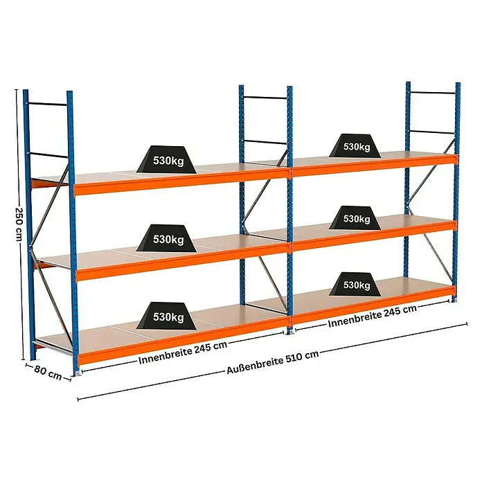 Proregal Schwerlastregal Industrie Weitspannregal MAXIMUS Pro - H x B x T: 250 x 510 x 80 cm, Traglast pro Boden: 530 kg, Anzahl Böden: 3 Stk., Stecken, Blau/Orange
