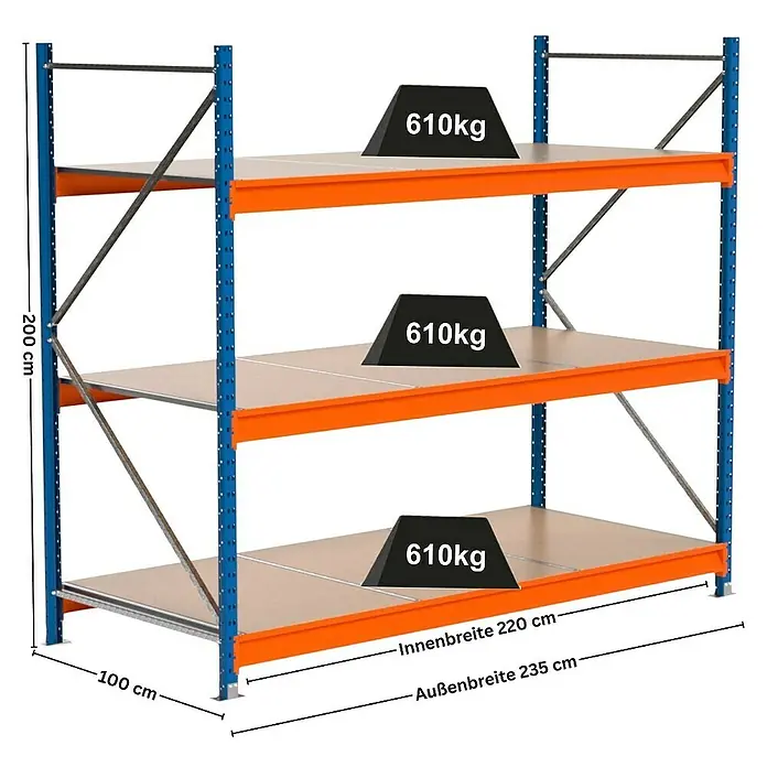 Proregal Schwerlastregal Industrie Weitspannregal MAXIMUS Pro - H x B x T: 200 x 235 x 100 cm, Traglast pro Boden: 610 kg, Anzahl Böden: 3 Stk., Stecken, Blau/Orange