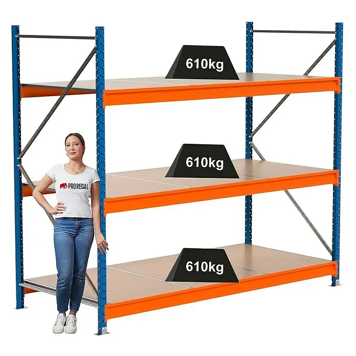 Proregal Schwerlastregal Industrie Weitspannregal MAXIMUS Pro - H x B x T: 200 x 235 x 100 cm, Traglast pro Boden: 610 kg, Anzahl Böden: 3 Stk., Stecken, Blau/Orange