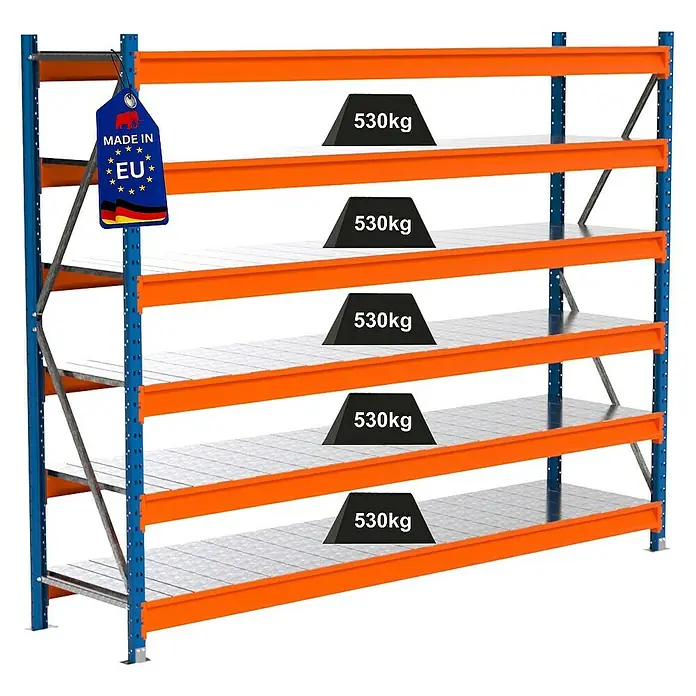 Proregal Schwerlastregal Industrie Weitspannregal MAXIMUS Pro - H x B x T: 200 x 260 x 60 cm, Traglast pro Boden: 530 kg, Anzahl Böden: 6 Stk., Stecken, Blau/Orange