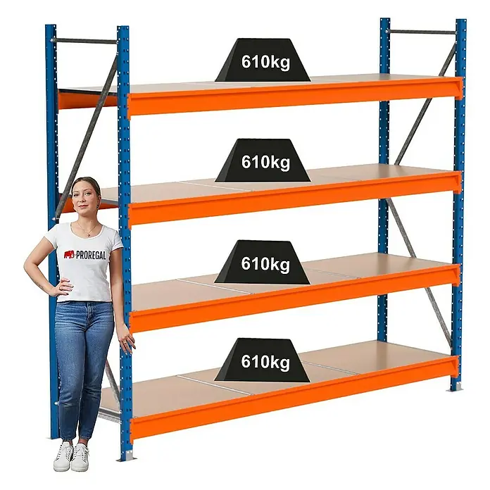 Proregal Schwerlastregal Industrie Weitspannregal MAXIMUS Pro - H x B x T: 200 x 235 x 60 cm, Traglast pro Boden: 610 kg, Anzahl Böden: 4 Stk., Stecken, Blau/Orange