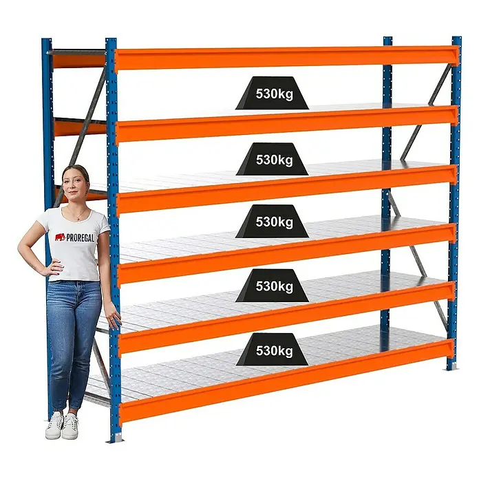 Proregal Schwerlastregal Industrie Weitspannregal MAXIMUS Pro - H x B x T: 200 x 260 x 60 cm, Traglast pro Boden: 530 kg, Anzahl Böden: 6 Stk., Stecken, Blau/Orange