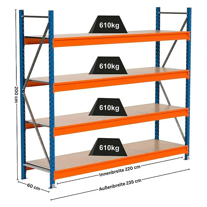 Proregal Schwerlastregal Industrie Weitspannregal MAXIMUS Pro - H x B x T: 200 x 235 x 60 cm, Traglast pro Boden: 610 kg, Anzahl Böden: 4 Stk., Stecken, Blau/Orange