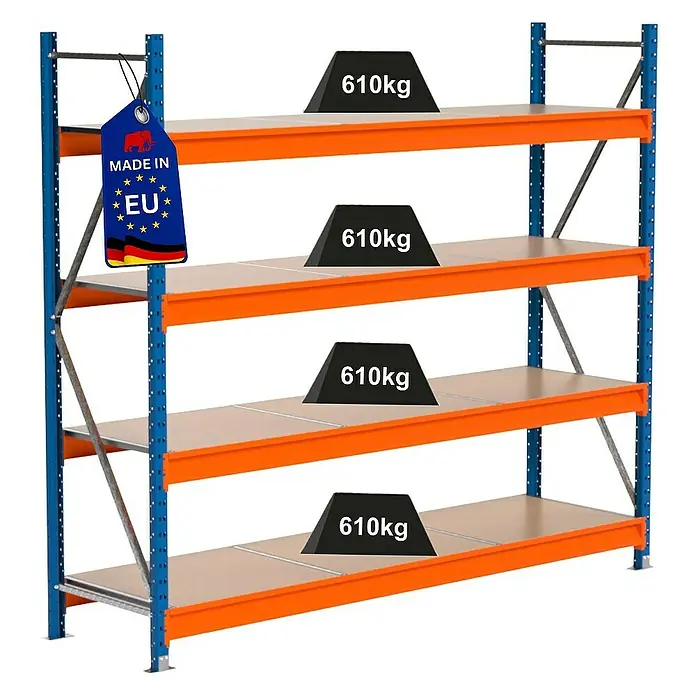 Proregal Schwerlastregal Industrie Weitspannregal MAXIMUS Pro - H x B x T: 200 x 235 x 60 cm, Traglast pro Boden: 610 kg, Anzahl Böden: 4 Stk., Stecken, Blau/Orange