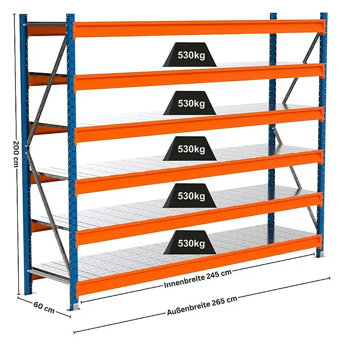 Proregal Schwerlastregal Industrie Weitspannregal MAXIMUS Pro - H x B x T: 200 x 260 x 60 cm, Traglast pro Boden: 530 kg, Anzahl Böden: 6 Stk., Stecken, Blau/Orange
