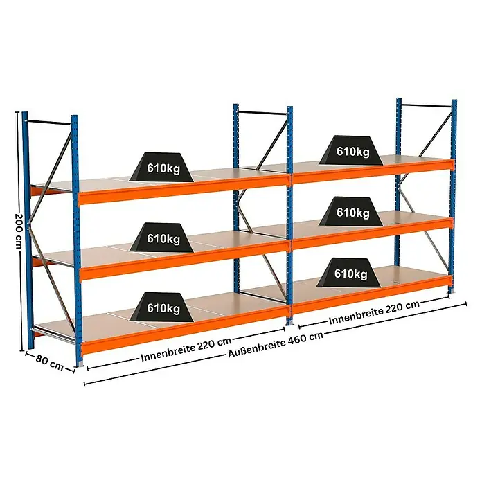 Proregal Schwerlastregal Industrie Weitspannregal MAXIMUS Pro - H x B x T: 200 x 460 x 80 cm, Traglast pro Boden: 610 kg, Anzahl Böden: 3 Stk., Stecken, Blau/Orange