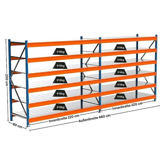 Proregal Schwerlastregal Industrie Weitspannregal MAXIMUS Pro - H x B x T: 200 x 460 x 80 cm, Traglast pro Boden: 610 kg, Anzahl Böden: 6 Stk., Stecken, Blau/Orange