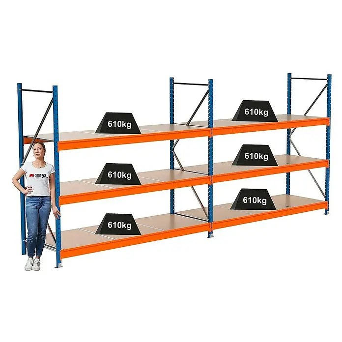 Proregal Schwerlastregal Industrie Weitspannregal MAXIMUS Pro - H x B x T: 200 x 460 x 80 cm, Traglast pro Boden: 610 kg, Anzahl Böden: 3 Stk., Stecken, Blau/Orange