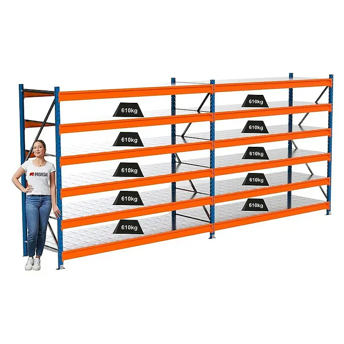 Proregal Schwerlastregal Industrie Weitspannregal MAXIMUS Pro - H x B x T: 200 x 460 x 80 cm, Traglast pro Boden: 610 kg, Anzahl Böden: 6 Stk., Stecken, Blau/Orange