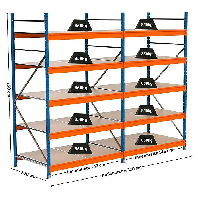 Proregal Schwerlastregal Industrie Weitspannregal MAXIMUS Pro - H x B x T: 250 x 310 x 100 cm, Traglast pro Boden: 850 kg, Anzahl Böden: 5 Stk., Stecken, Blau/Orange