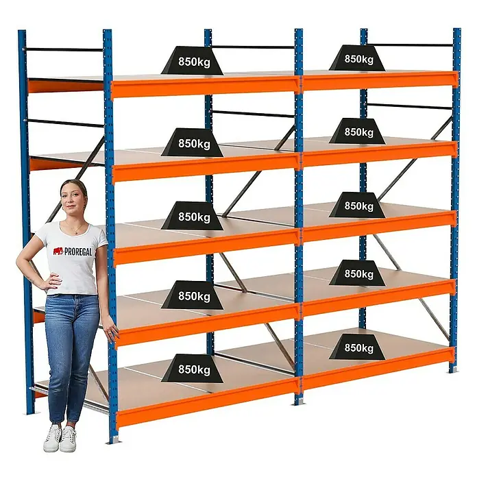 Proregal Schwerlastregal Industrie Weitspannregal MAXIMUS Pro - H x B x T: 250 x 310 x 100 cm, Traglast pro Boden: 850 kg, Anzahl Böden: 5 Stk., Stecken, Blau/Orange