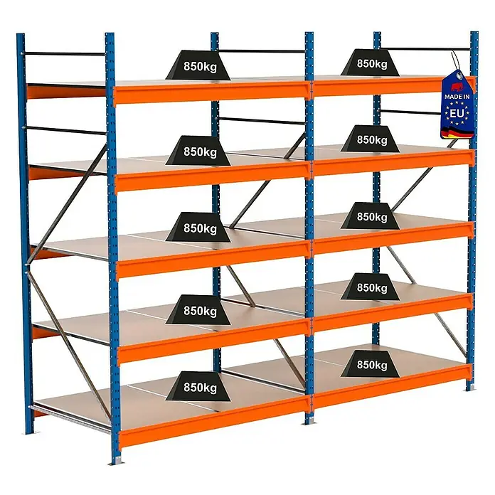 Proregal Schwerlastregal Industrie Weitspannregal MAXIMUS Pro - H x B x T: 250 x 310 x 100 cm, Traglast pro Boden: 850 kg, Anzahl Böden: 5 Stk., Stecken, Blau/Orange