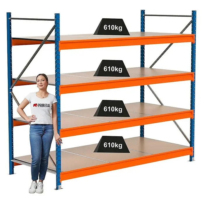 Proregal Schwerlastregal Industrie Weitspannregal MAXIMUS Pro - H x B x T: 200 x 235 x 100 cm, Traglast pro Boden: 610 kg, Anzahl Böden: 5 Stk., Stecken, Blau/Orange