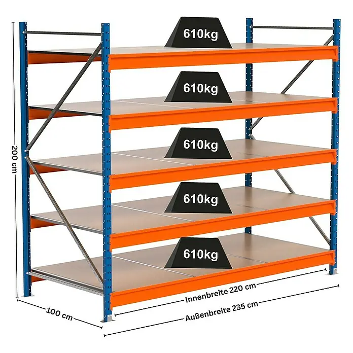 Proregal Schwerlastregal Industrie Weitspannregal MAXIMUS Pro - H x B x T: 200 x 235 x 100 cm, Traglast pro Boden: 610 kg, Anzahl Böden: 5 Stk., Stecken, Blau/Orange