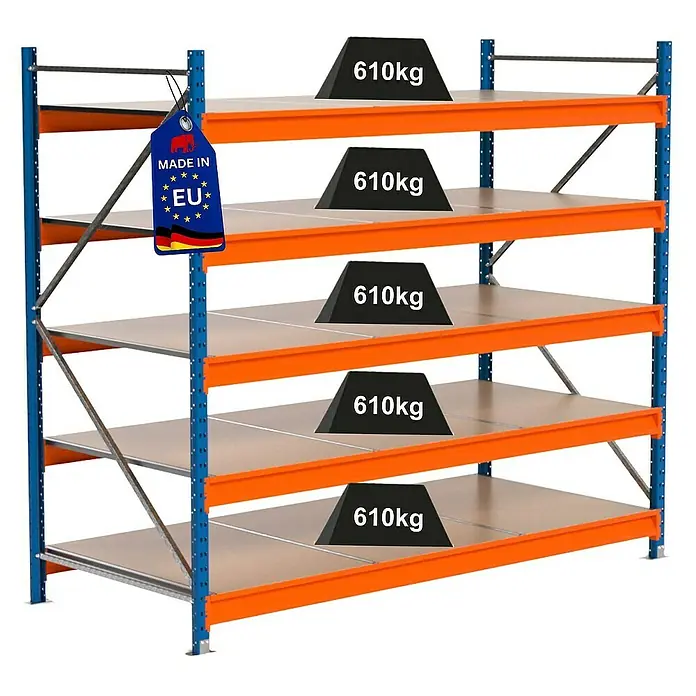 Proregal Schwerlastregal Industrie Weitspannregal MAXIMUS Pro - H x B x T: 200 x 235 x 100 cm, Traglast pro Boden: 610 kg, Anzahl Böden: 5 Stk., Stecken, Blau/Orange
