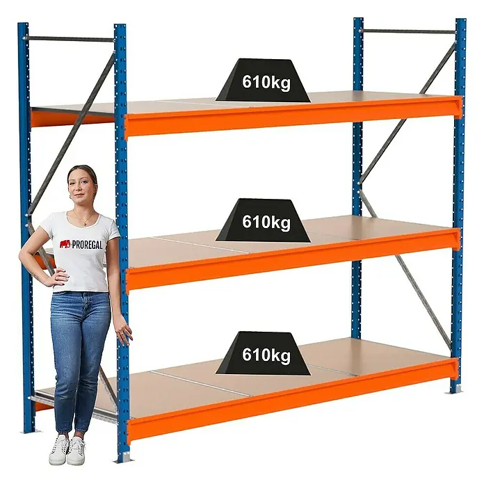 Proregal Schwerlastregal Industrie Weitspannregal MAXIMUS Pro - H x B x T: 200 x 235 x 80 cm, Traglast pro Boden: 610 kg, Anzahl Böden: 3 Stk., Stecken, Blau/Orange