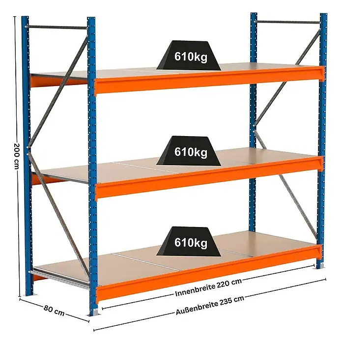 Proregal Schwerlastregal Industrie Weitspannregal MAXIMUS Pro - H x B x T: 200 x 235 x 80 cm, Traglast pro Boden: 610 kg, Anzahl Böden: 3 Stk., Stecken, Blau/Orange
