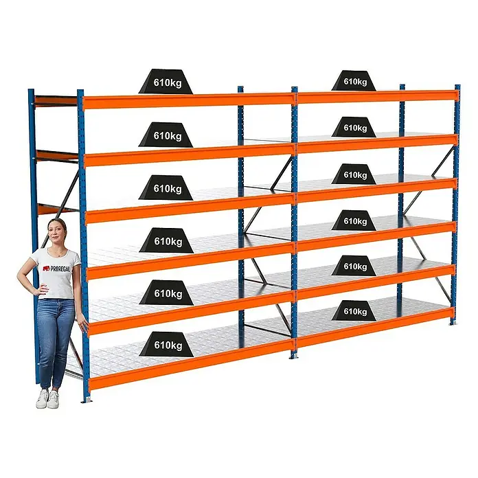 Proregal Schwerlastregal Industrie Weitspannregal MAXIMUS Pro - H x B x T: 250 x 460 x 80 cm, Traglast pro Boden: 610 kg, Anzahl Böden: 6 Stk., Stecken, Blau/Orange
