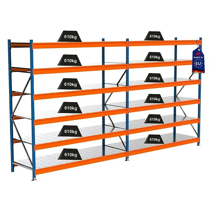 Proregal Schwerlastregal Industrie Weitspannregal MAXIMUS Pro - H x B x T: 250 x 460 x 80 cm, Traglast pro Boden: 610 kg, Anzahl Böden: 6 Stk., Stecken, Blau/Orange