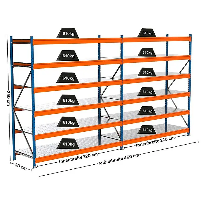 Proregal Schwerlastregal Industrie Weitspannregal MAXIMUS Pro - H x B x T: 250 x 460 x 80 cm, Traglast pro Boden: 610 kg, Anzahl Böden: 6 Stk., Stecken, Blau/Orange