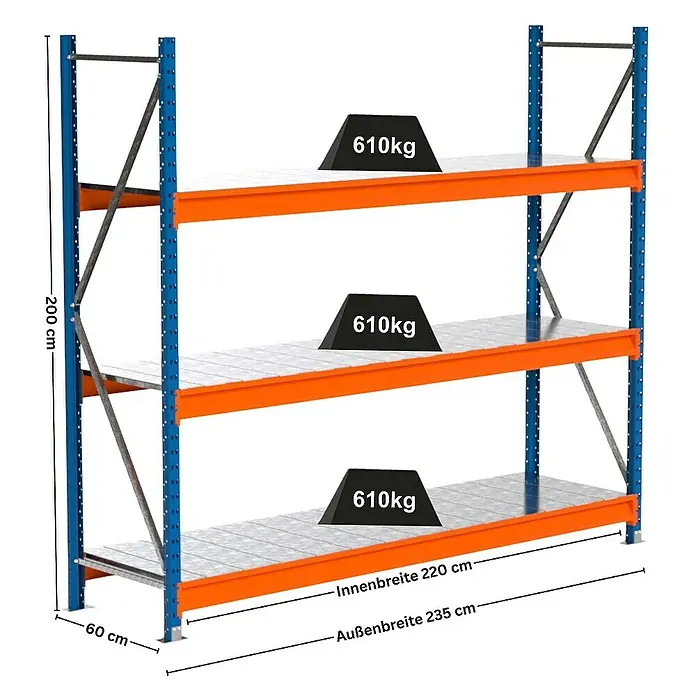 Proregal Schwerlastregal Industrie Weitspannregal MAXIMUS Pro - H x B x T: 200 x 235 x 60 cm, Traglast pro Boden: 610 kg, Anzahl Böden: 3 Stk., Stecken, Blau/Orange