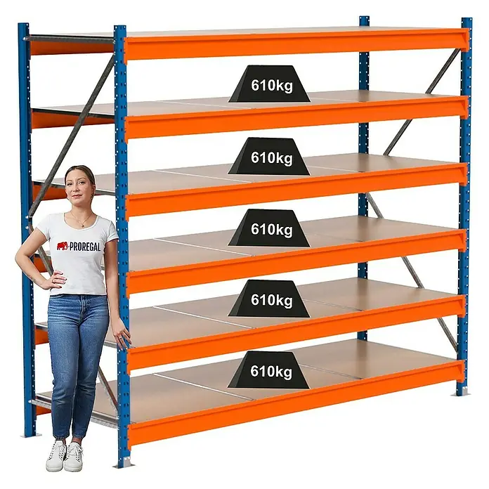 Proregal Schwerlastregal Industrie Weitspannregal MAXIMUS Pro - H x B x T: 200 x 235 x 80 cm, Traglast pro Boden: 610 kg, Anzahl Böden: 6 Stk., Stecken, Blau/Orange