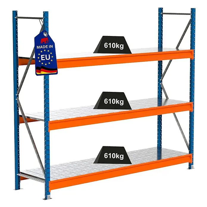 Proregal Schwerlastregal Industrie Weitspannregal MAXIMUS Pro - H x B x T: 200 x 235 x 60 cm, Traglast pro Boden: 610 kg, Anzahl Böden: 3 Stk., Stecken, Blau/Orange
