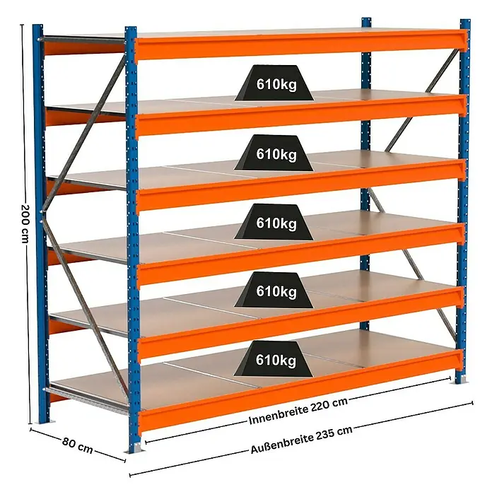 Proregal Schwerlastregal Industrie Weitspannregal MAXIMUS Pro - H x B x T: 200 x 235 x 80 cm, Traglast pro Boden: 610 kg, Anzahl Böden: 6 Stk., Stecken, Blau/Orange