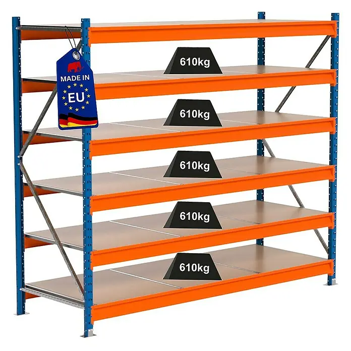 Proregal Schwerlastregal Industrie Weitspannregal MAXIMUS Pro - H x B x T: 200 x 235 x 80 cm, Traglast pro Boden: 610 kg, Anzahl Böden: 6 Stk., Stecken, Blau/Orange
