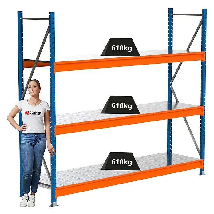 Proregal Schwerlastregal Industrie Weitspannregal MAXIMUS Pro - H x B x T: 200 x 235 x 60 cm, Traglast pro Boden: 610 kg, Anzahl Böden: 3 Stk., Stecken, Blau/Orange