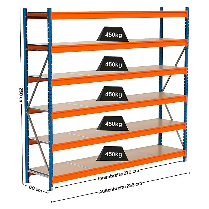 Proregal Schwerlastregal Industrie Weitspannregal MAXIMUS Pro - H x B x T: 250 x 285 x 60 cm, Traglast pro Boden: 450 kg, Anzahl Böden: 6 Stk., Stecken, Blau/Orange