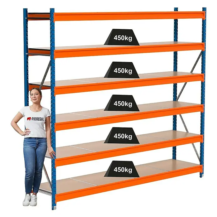 Proregal Schwerlastregal Industrie Weitspannregal MAXIMUS Pro - H x B x T: 250 x 285 x 60 cm, Traglast pro Boden: 450 kg, Anzahl Böden: 6 Stk., Stecken, Blau/Orange