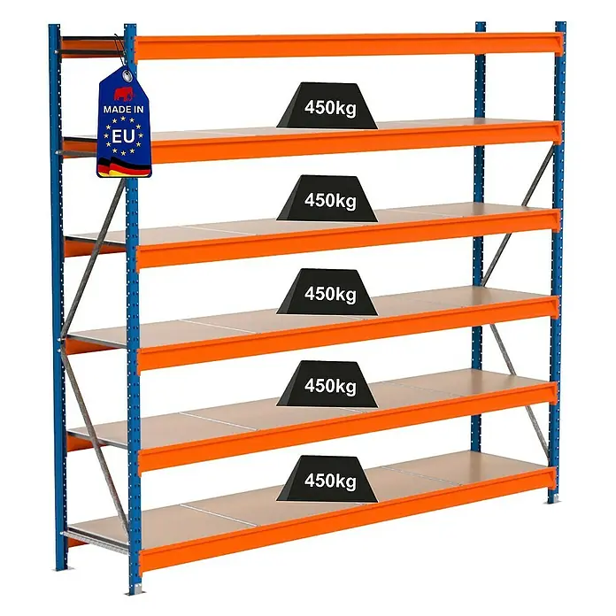 Proregal Schwerlastregal Industrie Weitspannregal MAXIMUS Pro - H x B x T: 250 x 285 x 60 cm, Traglast pro Boden: 450 kg, Anzahl Böden: 6 Stk., Stecken, Blau/Orange