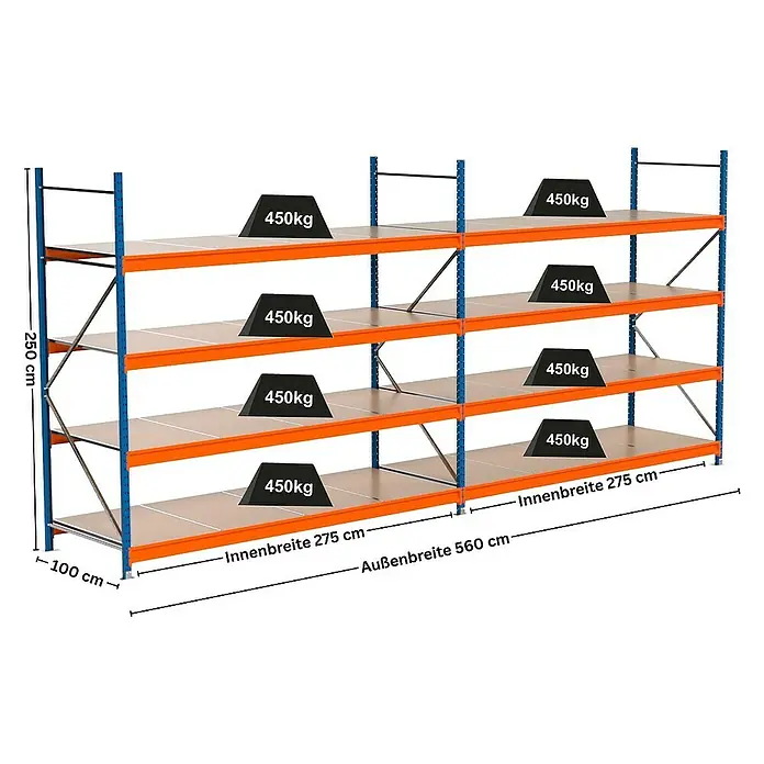 Proregal Schwerlastregal Industrie Weitspannregal MAXIMUS Pro - H x B x T: 250 x 560 x 100 cm, Traglast pro Boden: 450 kg, Anzahl Böden: 4 Stk., Stecken, Blau/Orange