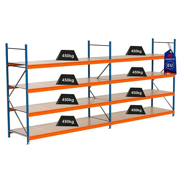 Proregal Schwerlastregal Industrie Weitspannregal MAXIMUS Pro - H x B x T: 250 x 560 x 100 cm, Traglast pro Boden: 450 kg, Anzahl Böden: 4 Stk., Stecken, Blau/Orange