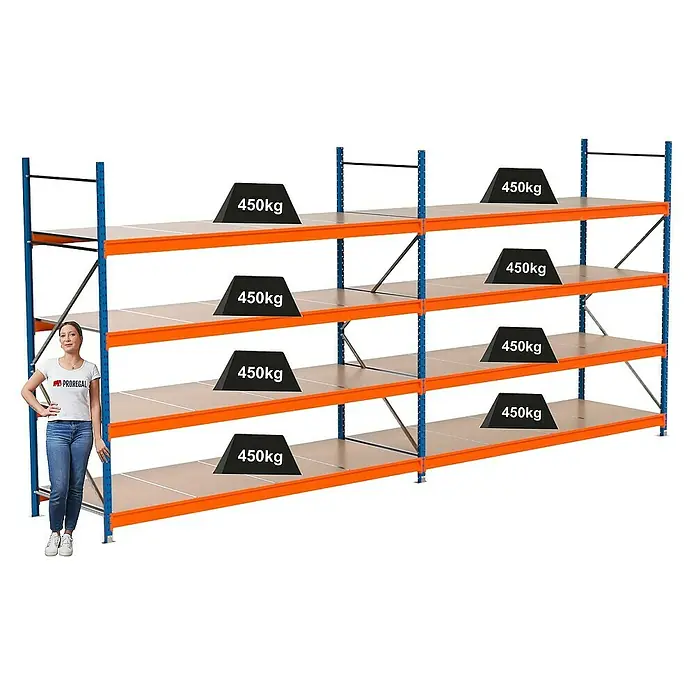 Proregal Schwerlastregal Industrie Weitspannregal MAXIMUS Pro - H x B x T: 250 x 560 x 100 cm, Traglast pro Boden: 450 kg, Anzahl Böden: 4 Stk., Stecken, Blau/Orange