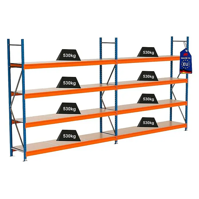 Proregal Schwerlastregal Industrie Weitspannregal MAXIMUS Pro - H x B x T: 250 x 510 x 60 cm, Traglast pro Boden: 530 kg, Anzahl Böden: 4 Stk., Stecken, Blau/Orange