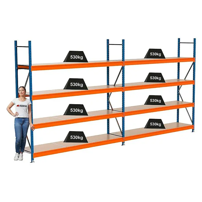 Proregal Schwerlastregal Industrie Weitspannregal MAXIMUS Pro - H x B x T: 250 x 510 x 60 cm, Traglast pro Boden: 530 kg, Anzahl Böden: 4 Stk., Stecken, Blau/Orange