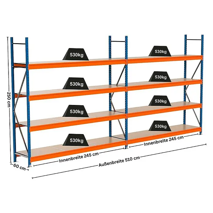 Proregal Schwerlastregal Industrie Weitspannregal MAXIMUS Pro - H x B x T: 250 x 510 x 60 cm, Traglast pro Boden: 530 kg, Anzahl Böden: 4 Stk., Stecken, Blau/Orange