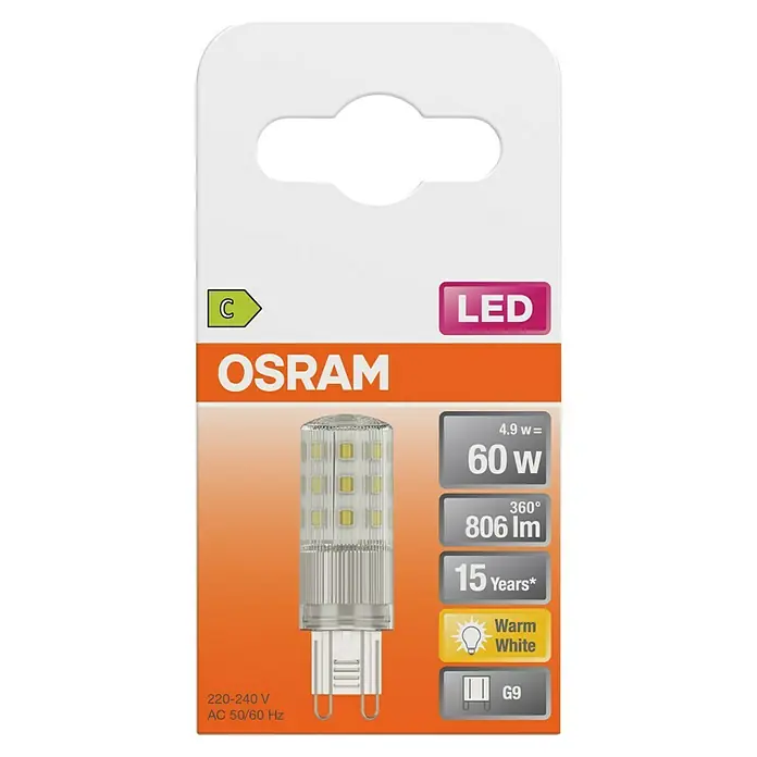 Osram LED-Lampe PIN60 - G9, Nicht Dimmbar, Warmweiß, 806 lm, 49 W, 1 Stk. - OSRAM LED G9 Glühbirne in Verkaufsverpackung, 4.9W (60W Äquiv.), 806lm, warmweiß, Energieklasse C.